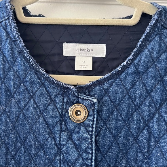 Vintage quilted denim chore coat jacket liner collarless brass buttons 1X - Picture 4 of 16